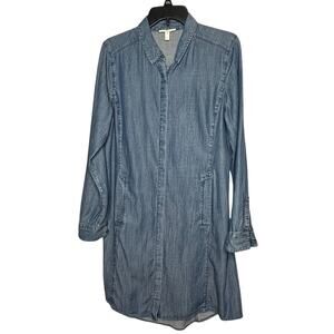 Eileen Fisher Chambray Blue Button Down Long Sleeve Knee Length Dress Medium